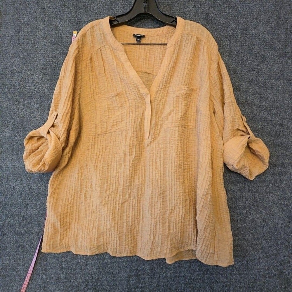 Torrid Blouse Womens 2 Beige Harper Crinkle Gauze Henley Roll Tab Tunic Top